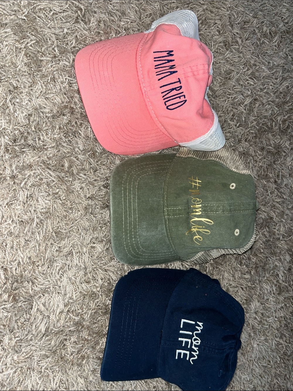 Set of 3 Graphic Baseball Caps - Coral, Olive, Navy